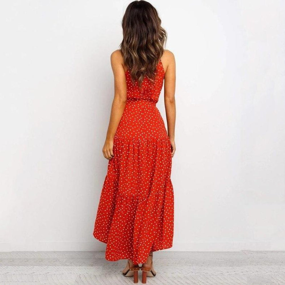 Women's Polka Dot Tiered Fall Midi Dress Waist-Tie Sleeveless