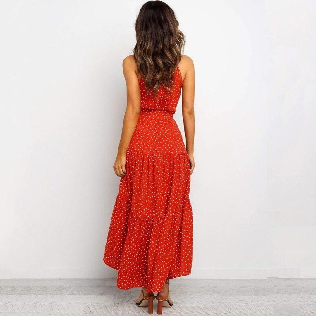 Women's Polka Dot Tiered Fall Midi Dress Waist-Tie Sleeveless