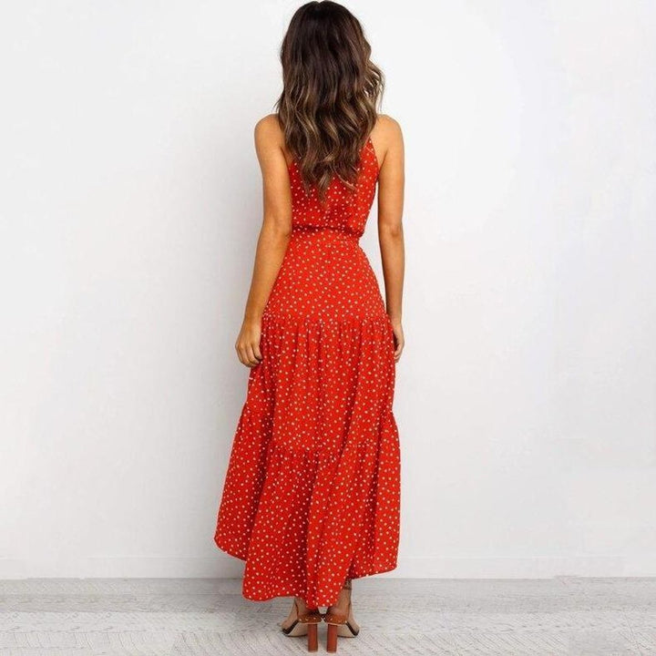 Women's Polka Dot Tiered Fall Midi Dress Waist-Tie Sleeveless