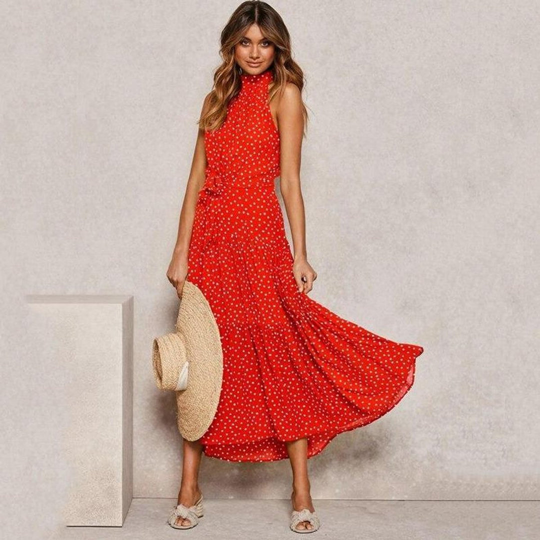 Women's Polka Dot Tiered Fall Midi Dress Waist-Tie Sleeveless