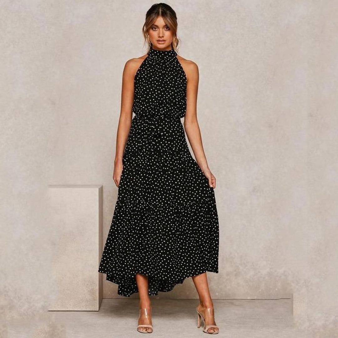 Women's Polka Dot Tiered Fall Midi Dress Waist-Tie Sleeveless