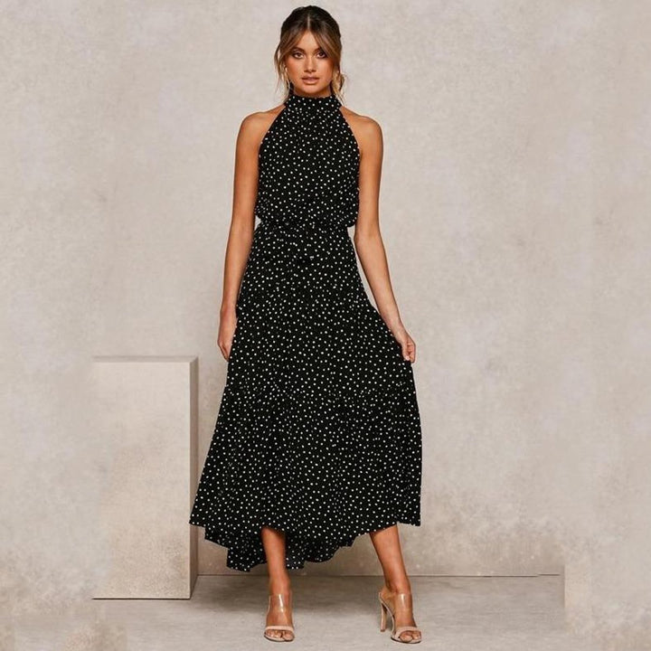 Women's Polka Dot Tiered Fall Midi Dress Waist-Tie Sleeveless