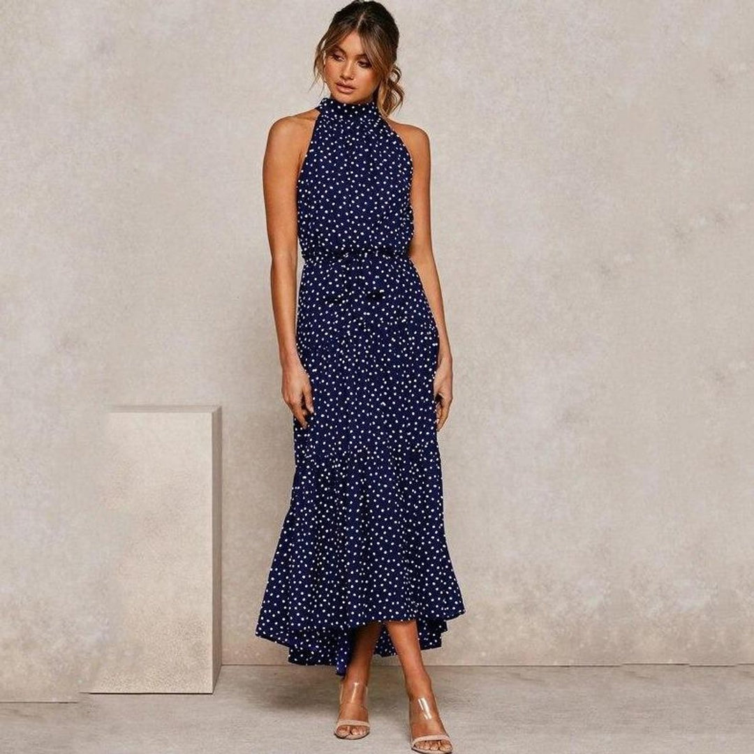 Women's Polka Dot Tiered Fall Midi Dress Waist-Tie Sleeveless