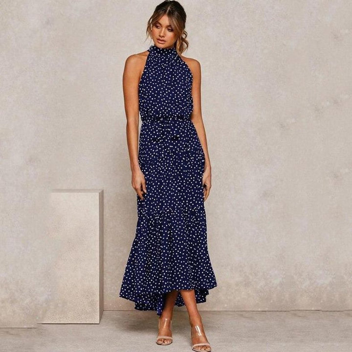 Women's Polka Dot Tiered Fall Midi Dress Waist-Tie Sleeveless