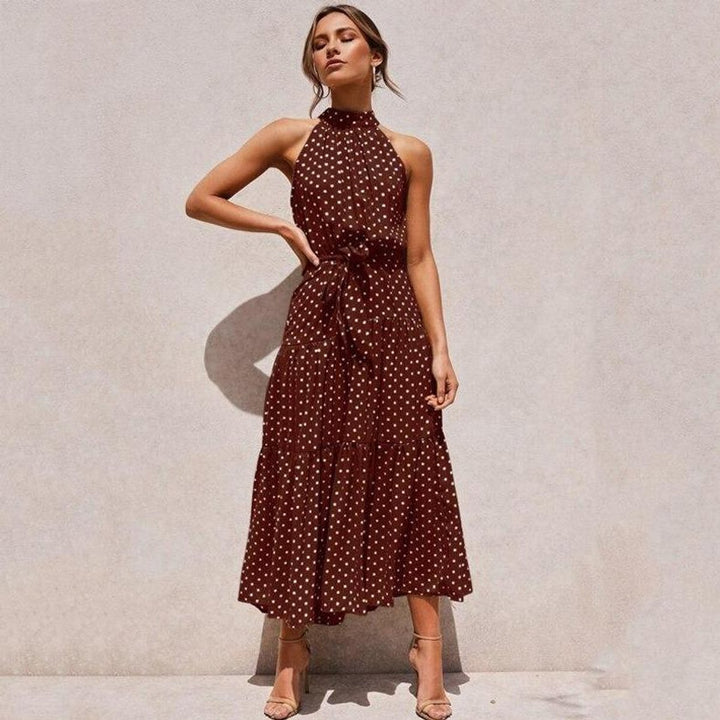 Women's Polka Dot Tiered Fall Midi Dress Waist-Tie Sleeveless