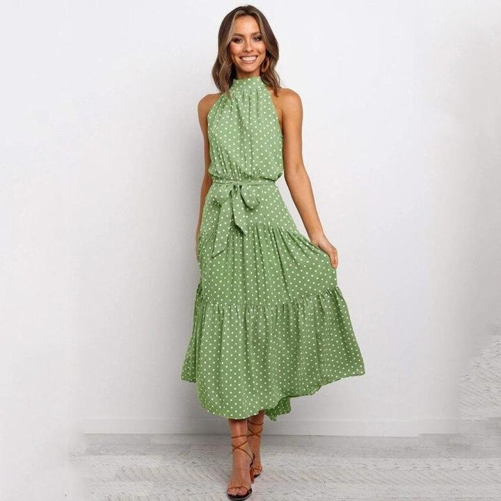 Women's Polka Dot Tiered Fall Midi Dress Waist-Tie Sleeveless