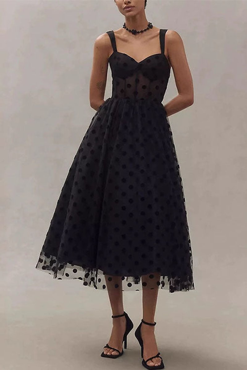 Women's Polka Dot Tulle A-Line Fall Midi Dress Sweetheart Cami