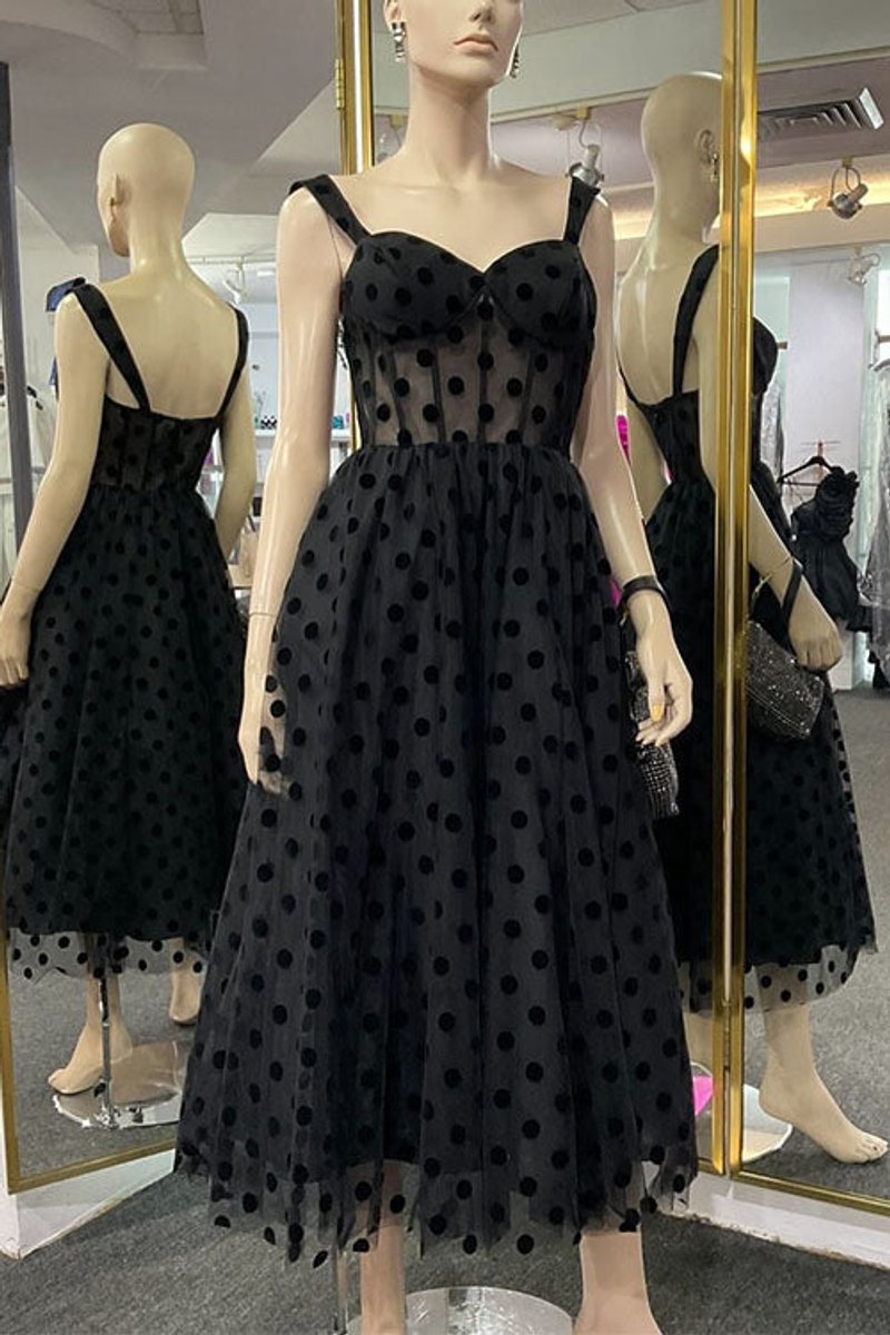 Women's Polka Dot Tulle A-Line Fall Midi Dress Sweetheart Cami
