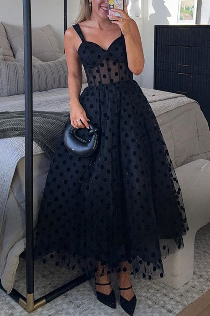 Women's Polka Dot Tulle A-Line Fall Midi Dress Sweetheart Cami