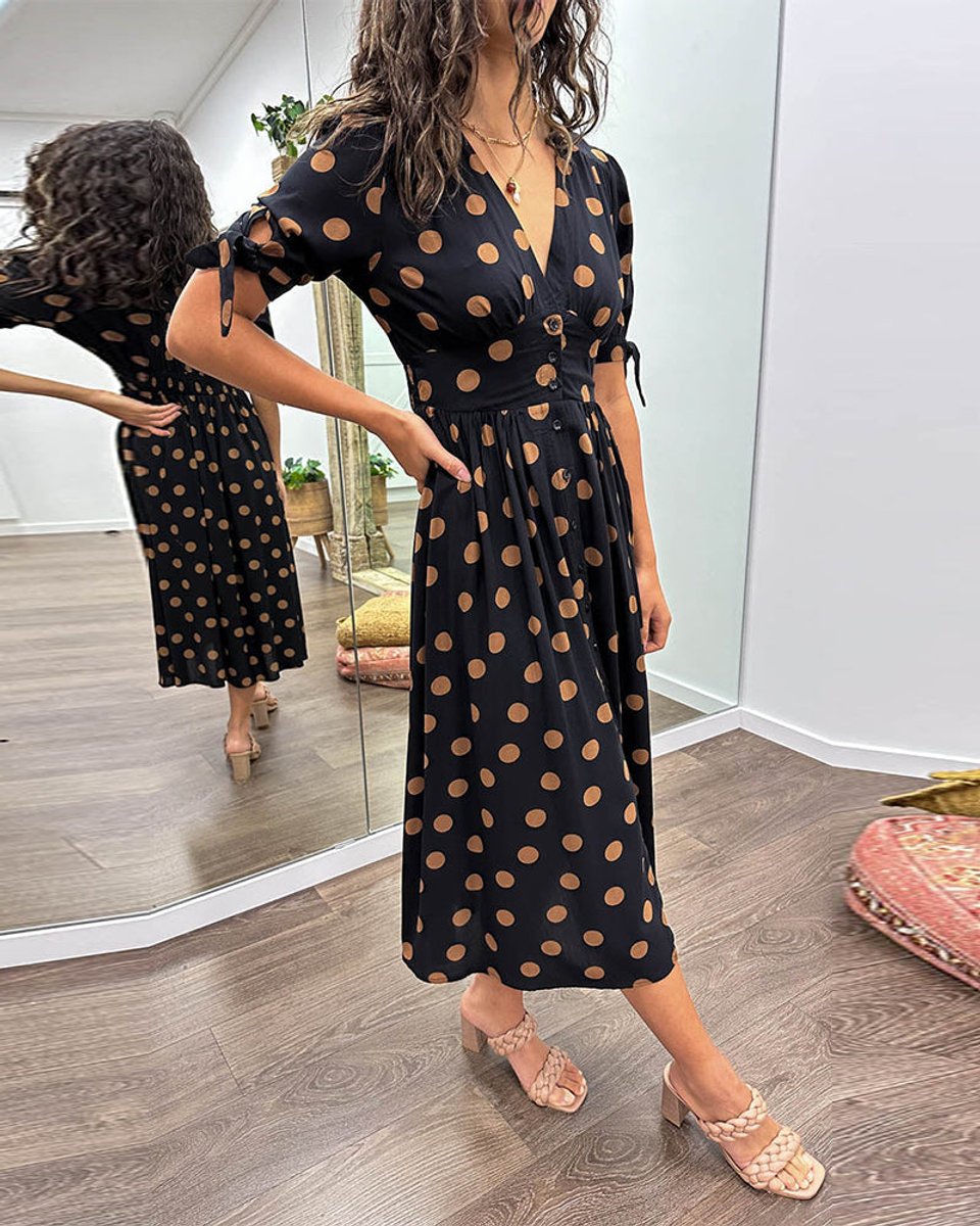 Women's Polka Dot V-Neck Button-Front Fall Midi Dress