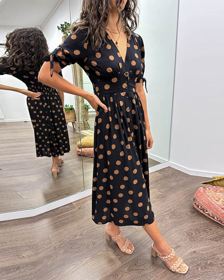 Women's Polka Dot V-Neck Button-Front Fall Midi Dress