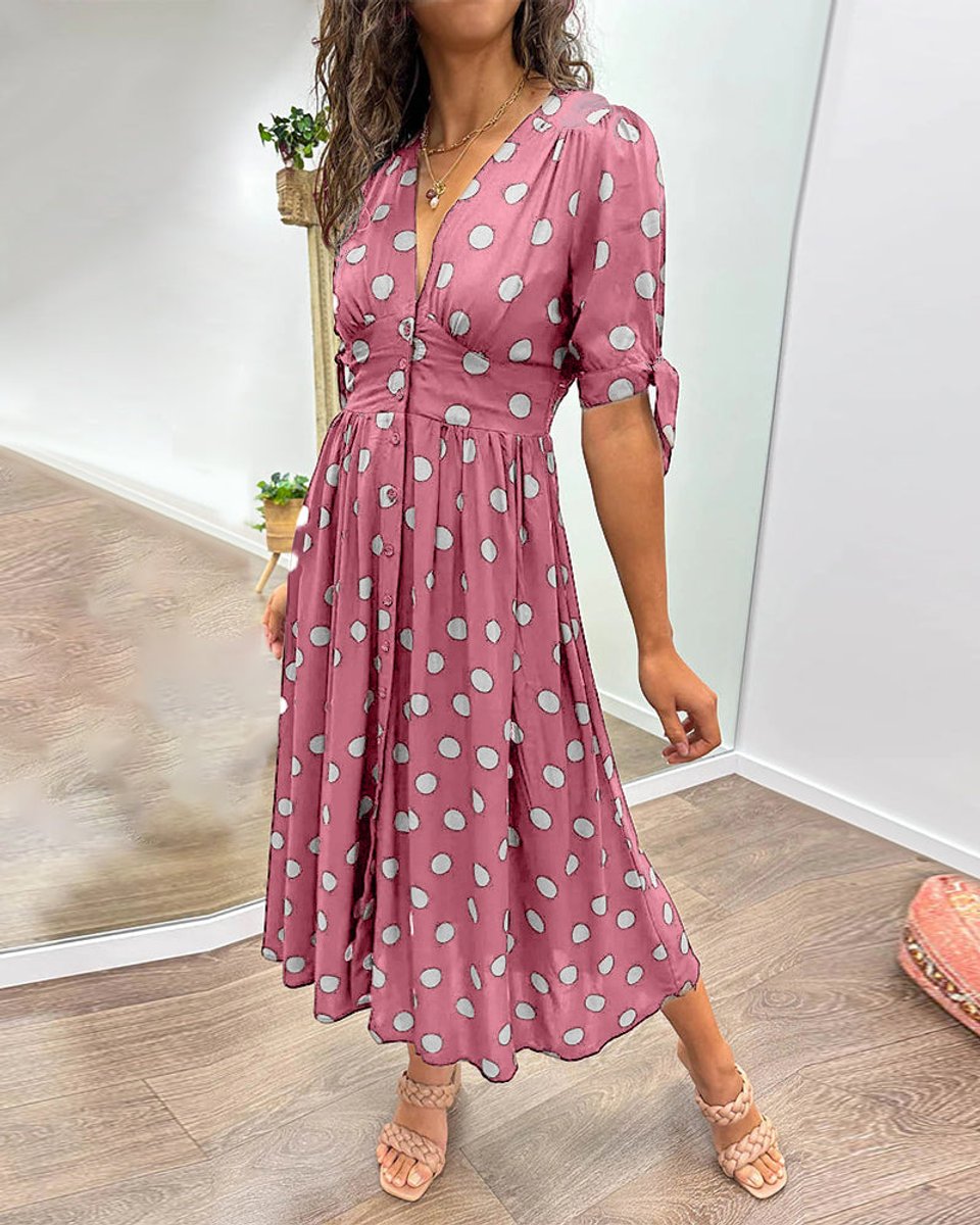 Women's Polka Dot V-Neck Button-Front Fall Midi Dress
