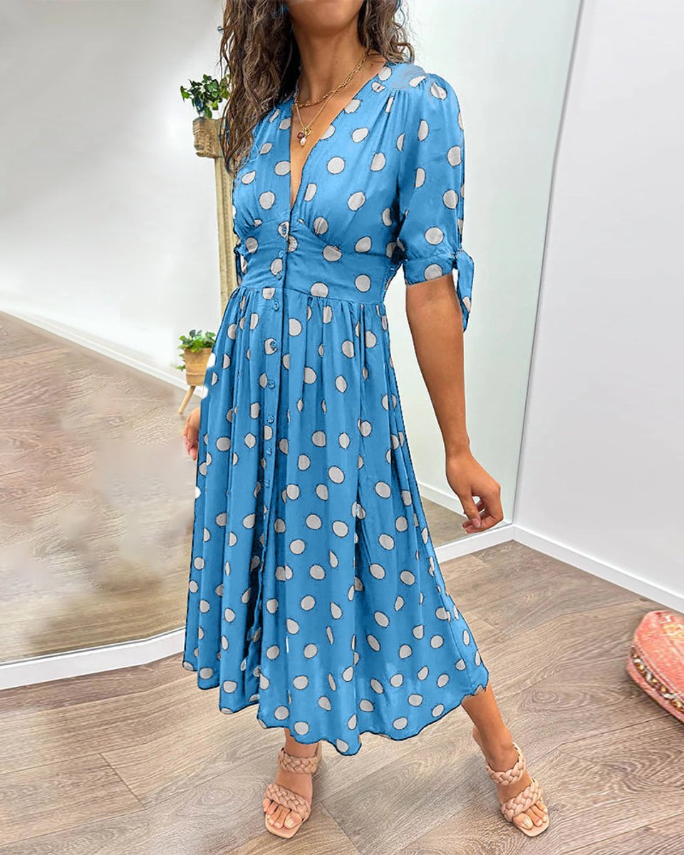 Women's Polka Dot V-Neck Button-Front Fall Midi Dress