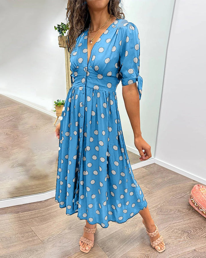 Women's Polka Dot V-Neck Button-Front Fall Midi Dress