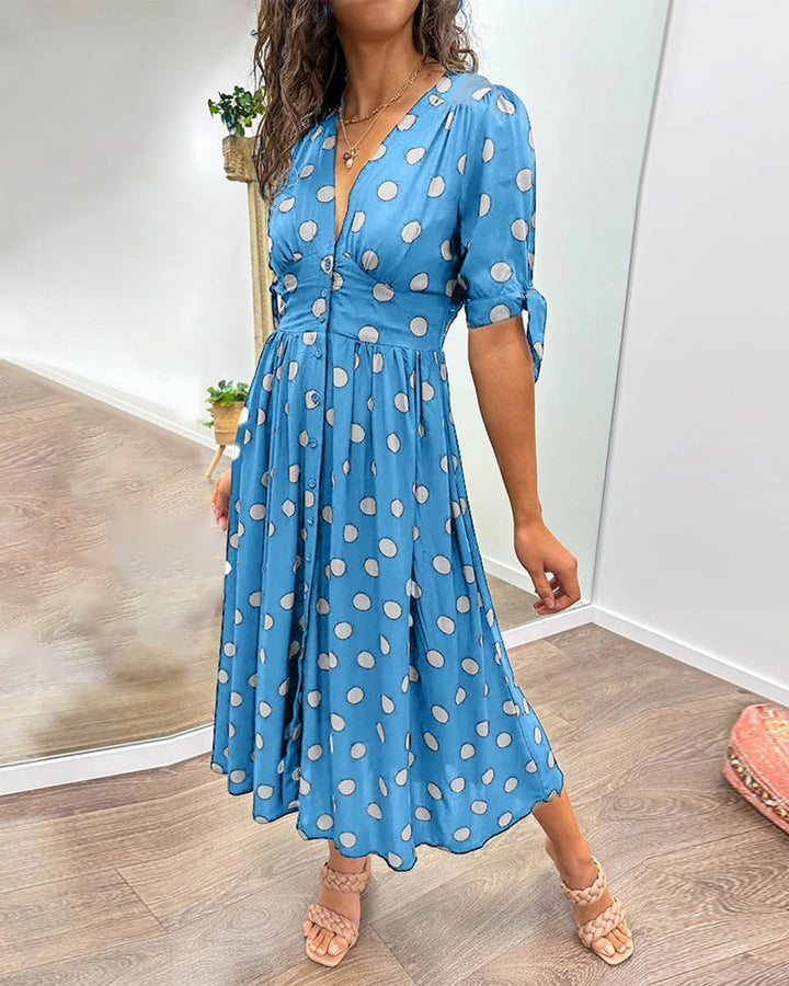 Women's Polka Dot V-Neck Button-Front Fall Midi Dress