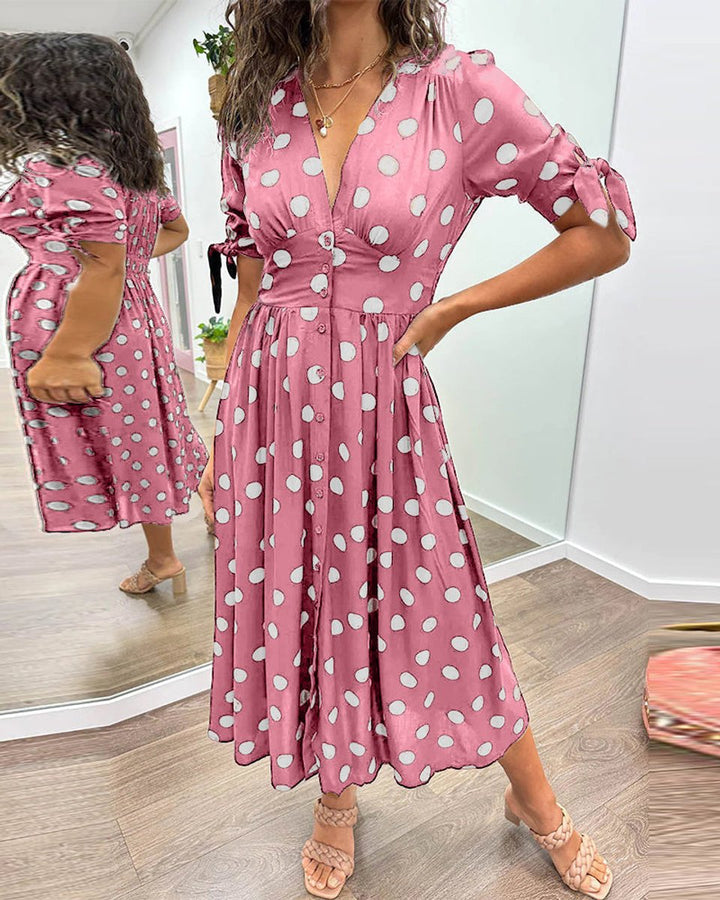 Women's Polka Dot V-Neck Button-Front Fall Midi Dress