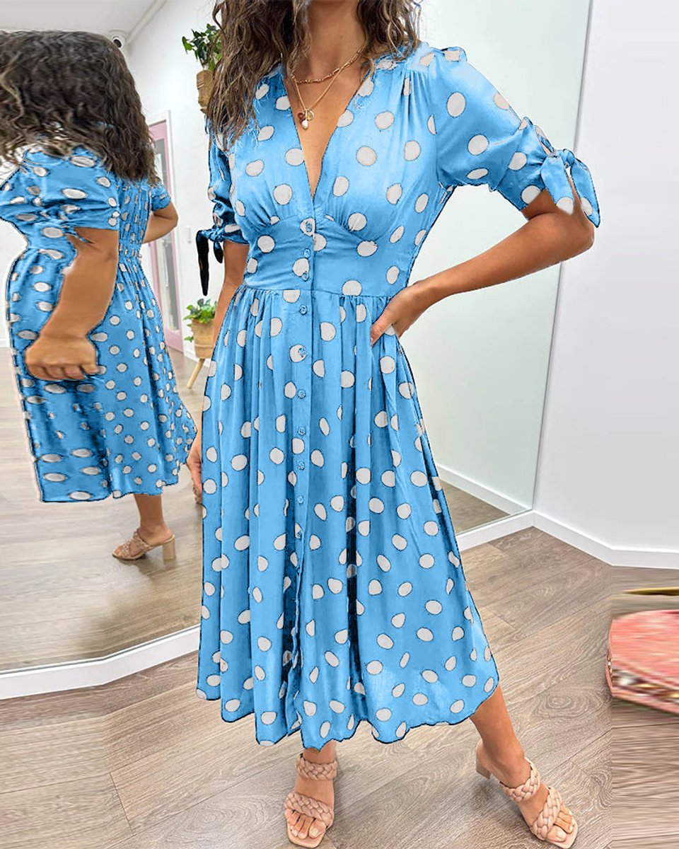 Women's Polka Dot V-Neck Button-Front Fall Midi Dress