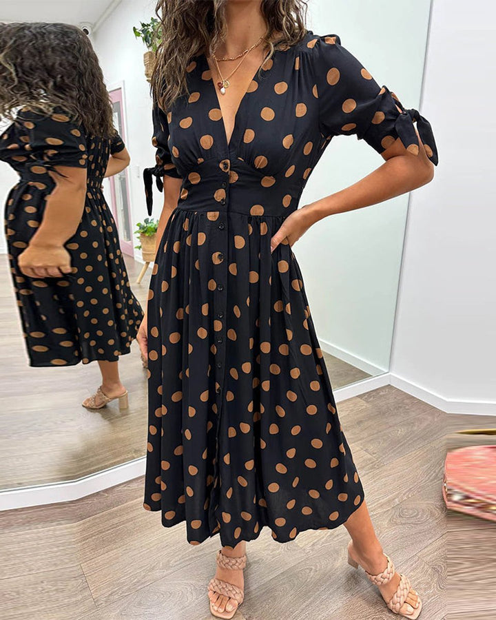 Women's Polka Dot V-Neck Button-Front Fall Midi Dress