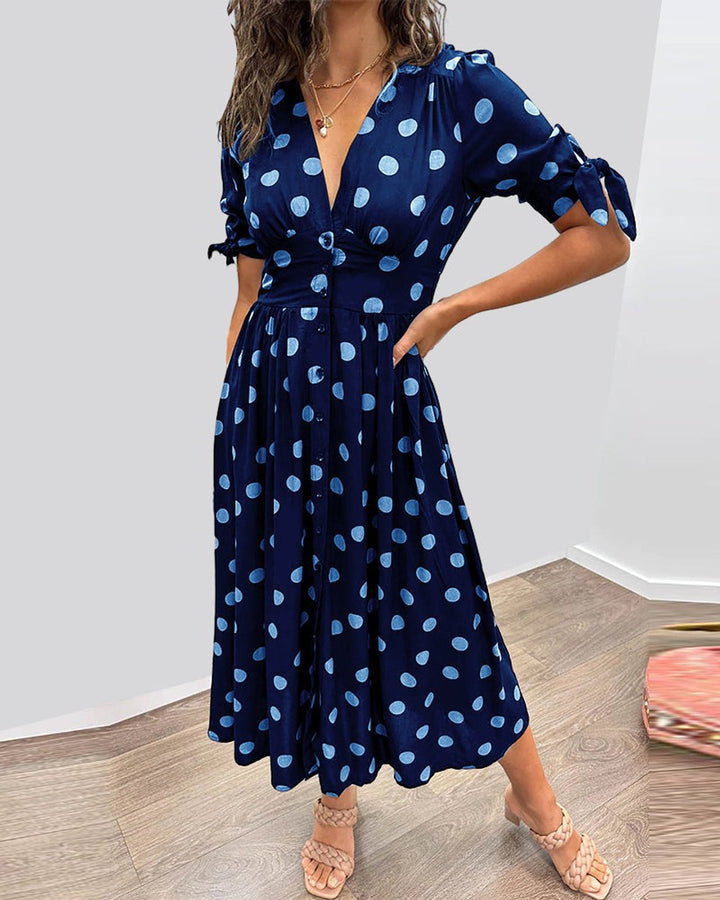 Women's Polka Dot V-Neck Button-Front Fall Midi Dress