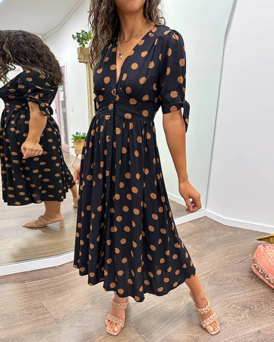 Women's Polka Dot V-Neck Button-Front Fall Midi Dress