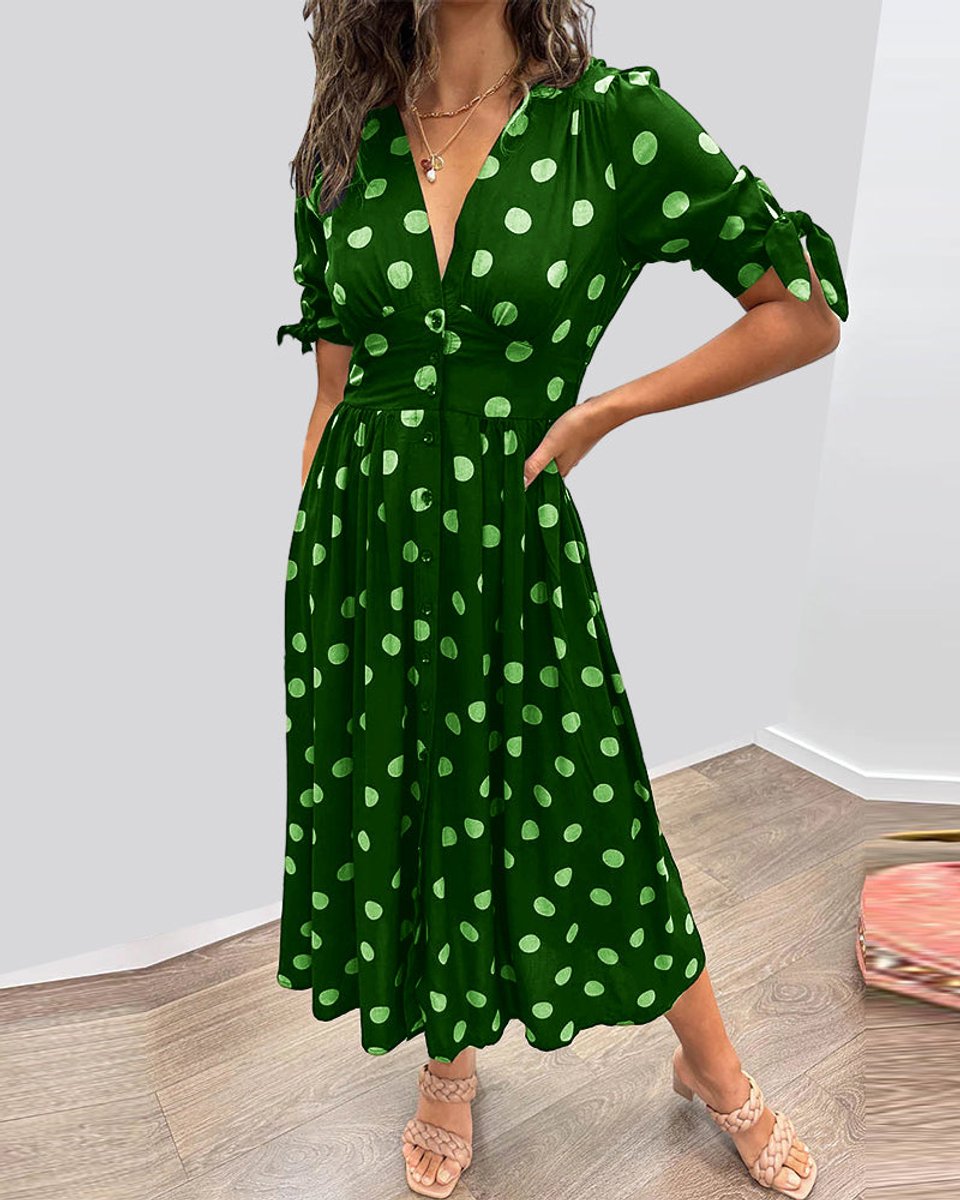 Women's Polka Dot V-Neck Button-Front Fall Midi Dress