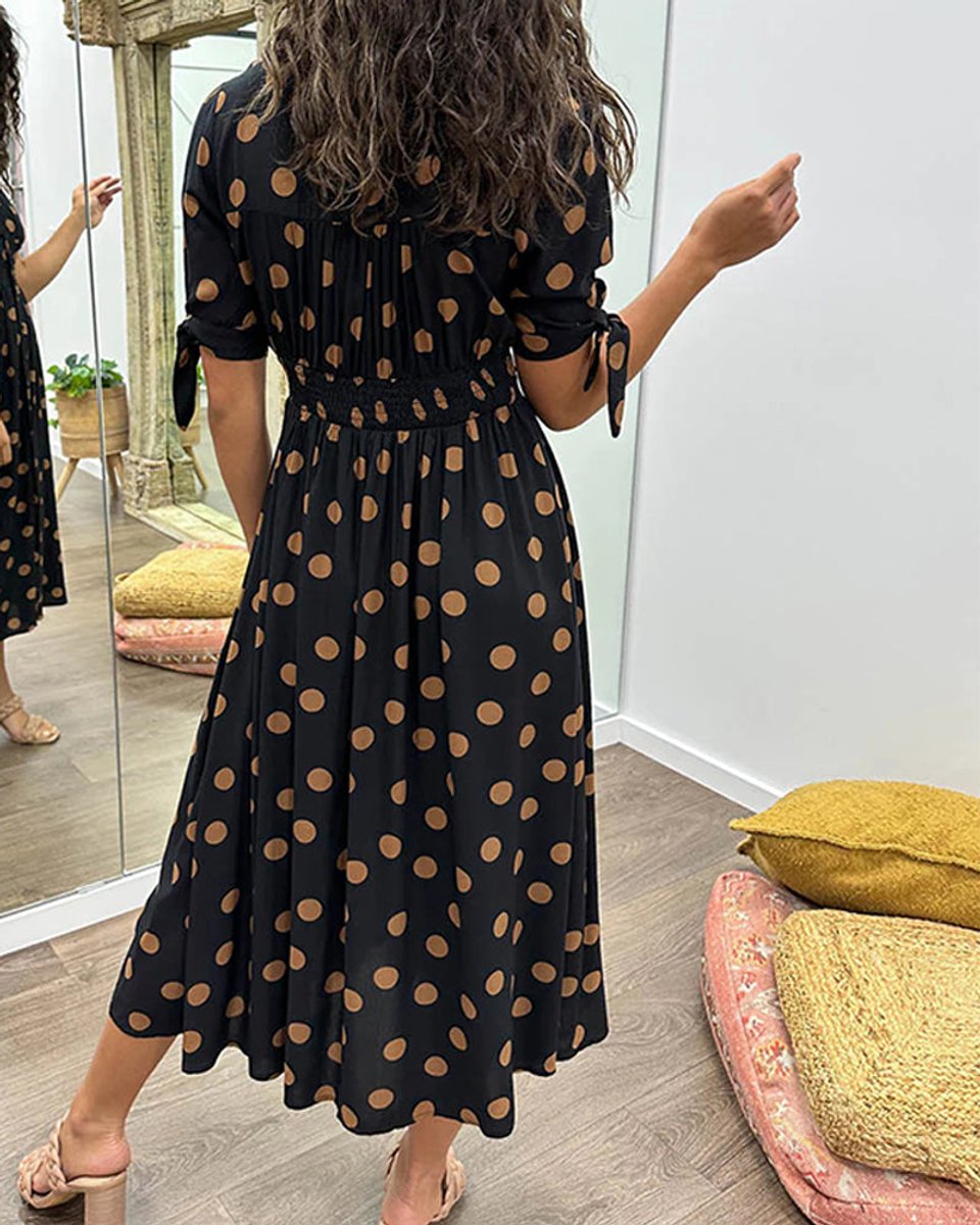 Women's Polka Dot V-Neck Button-Front Fall Midi Dress