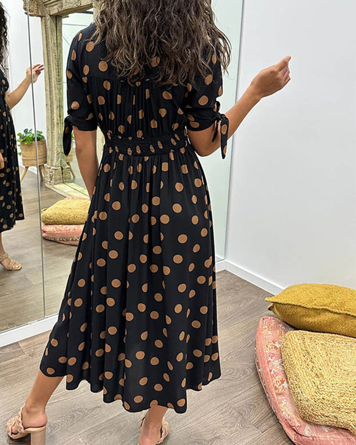 Women's Polka Dot V-Neck Button-Front Fall Midi Dress