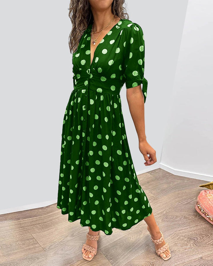 Women's Polka Dot V-Neck Button-Front Fall Midi Dress