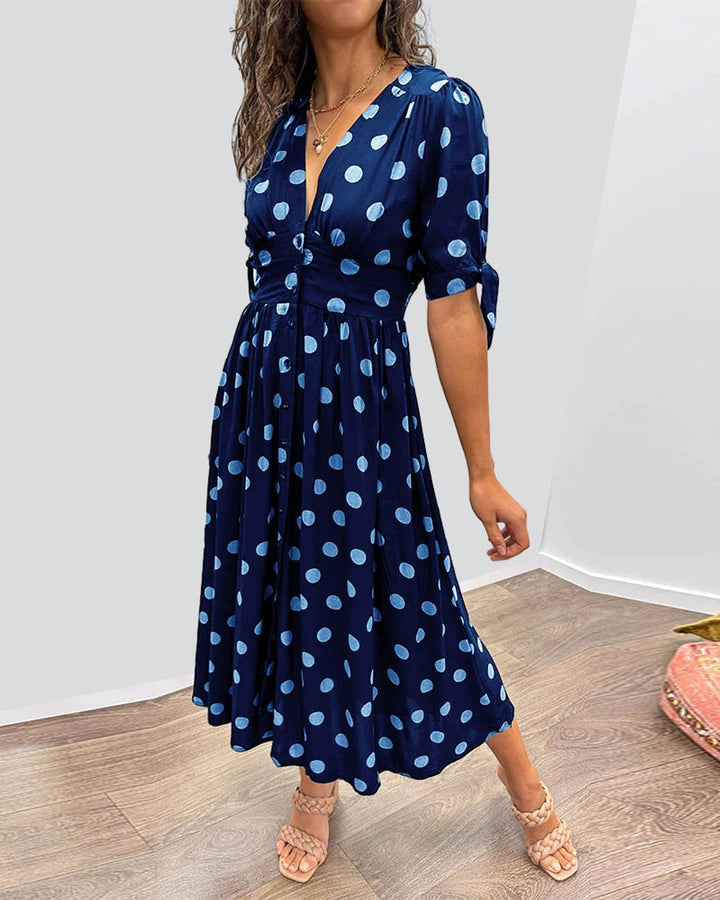Women's Polka Dot V-Neck Button-Front Fall Midi Dress