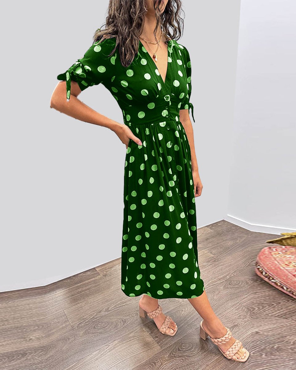 Women's Polka Dot V-Neck Button-Front Fall Midi Dress
