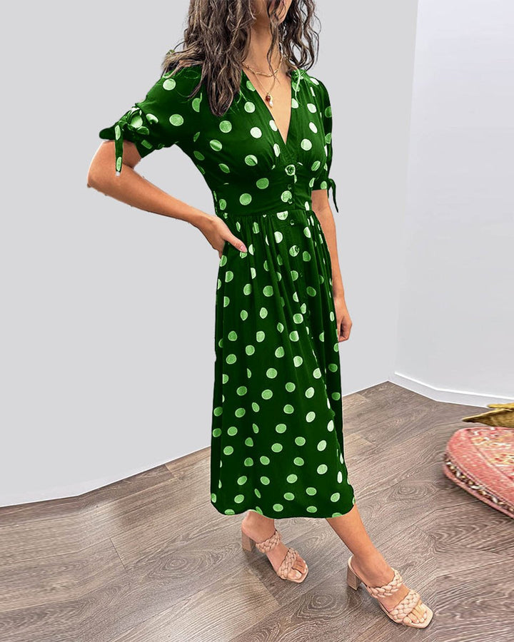 Women's Polka Dot V-Neck Button-Front Fall Midi Dress