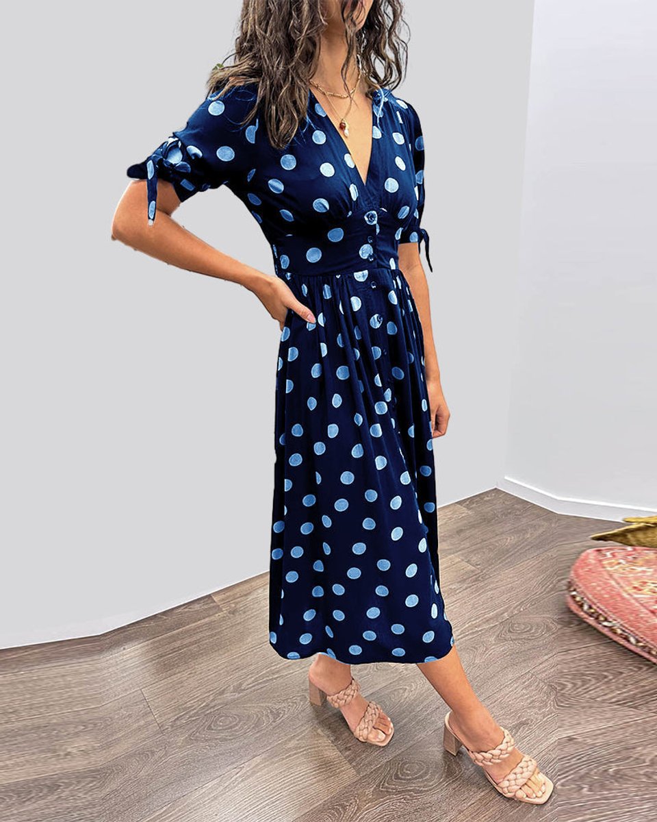 Women's Polka Dot V-Neck Button-Front Fall Midi Dress