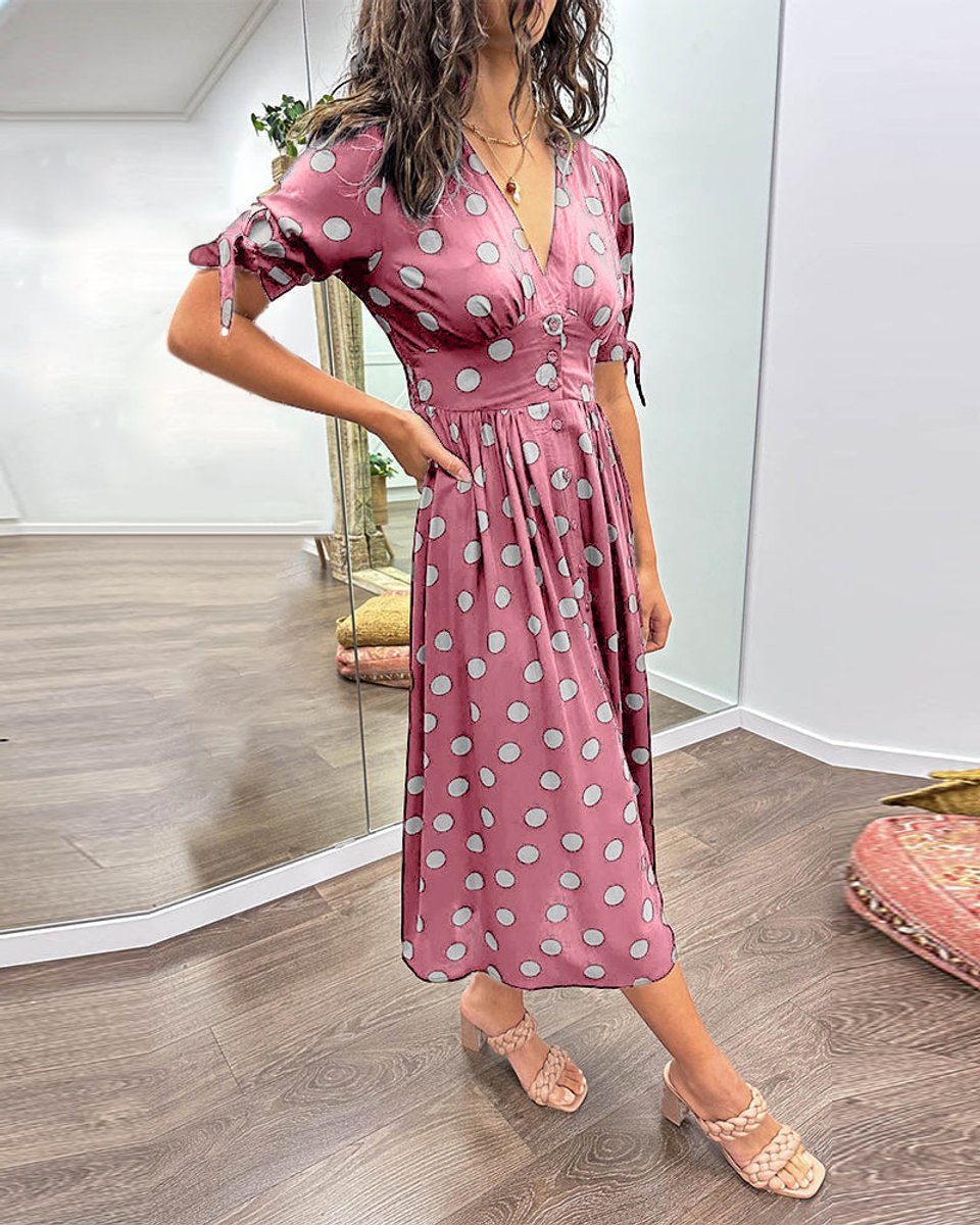 Women's Polka Dot V-Neck Button-Front Fall Midi Dress