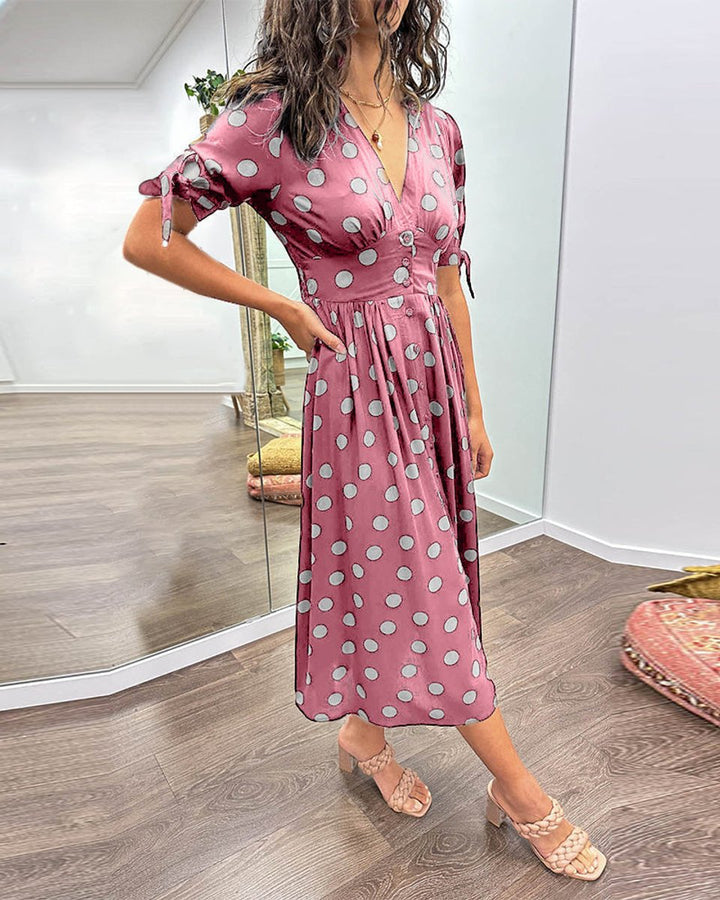 Women's Polka Dot V-Neck Button-Front Fall Midi Dress