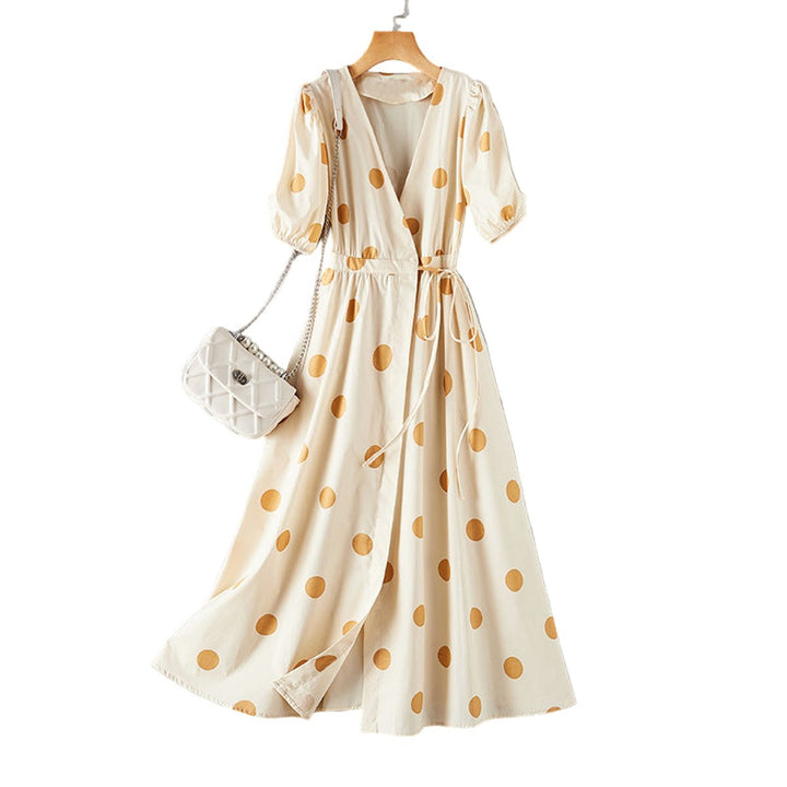 Women's Polka Dot V-Neck Puff Sleeve Fall Midi Dress