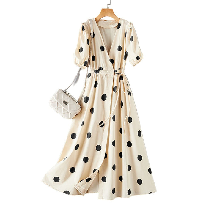 Women's Polka Dot V-Neck Puff Sleeve Fall Midi Dress