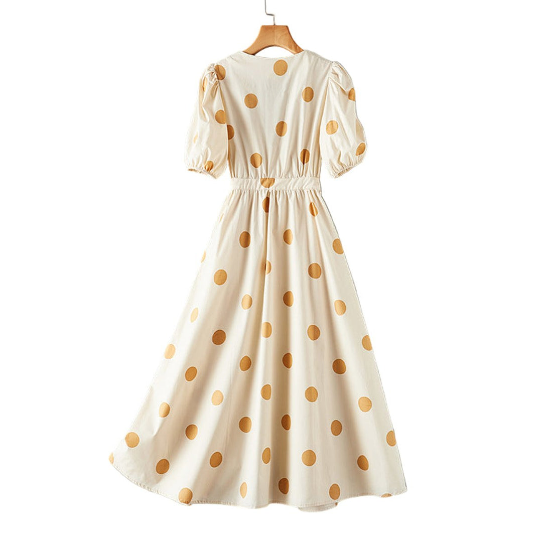 Women's Polka Dot V-Neck Puff Sleeve Fall Midi Dress
