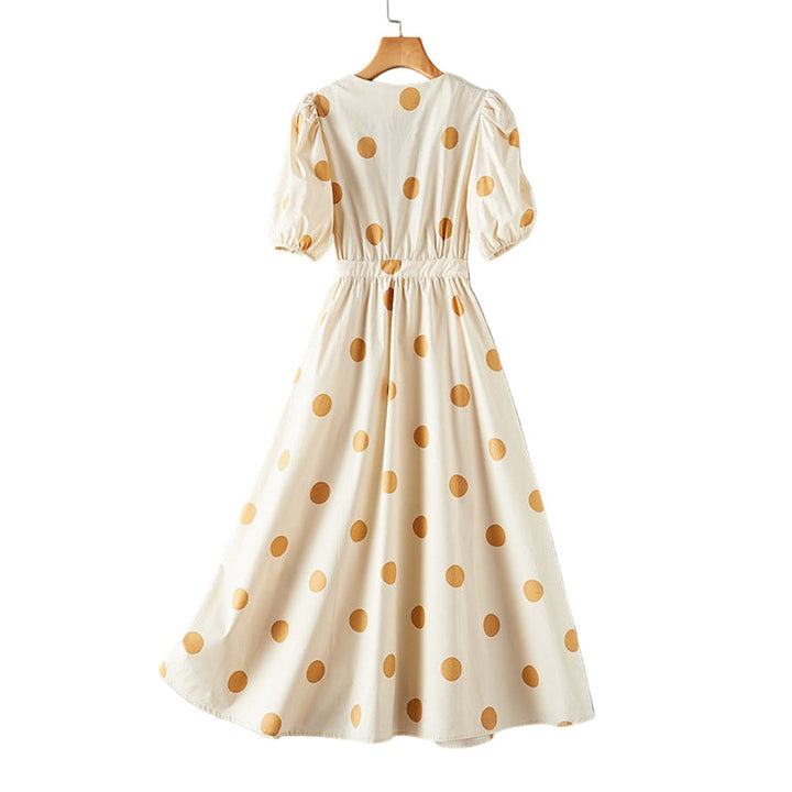 Women's Polka Dot V-Neck Puff Sleeve Fall Midi Dress