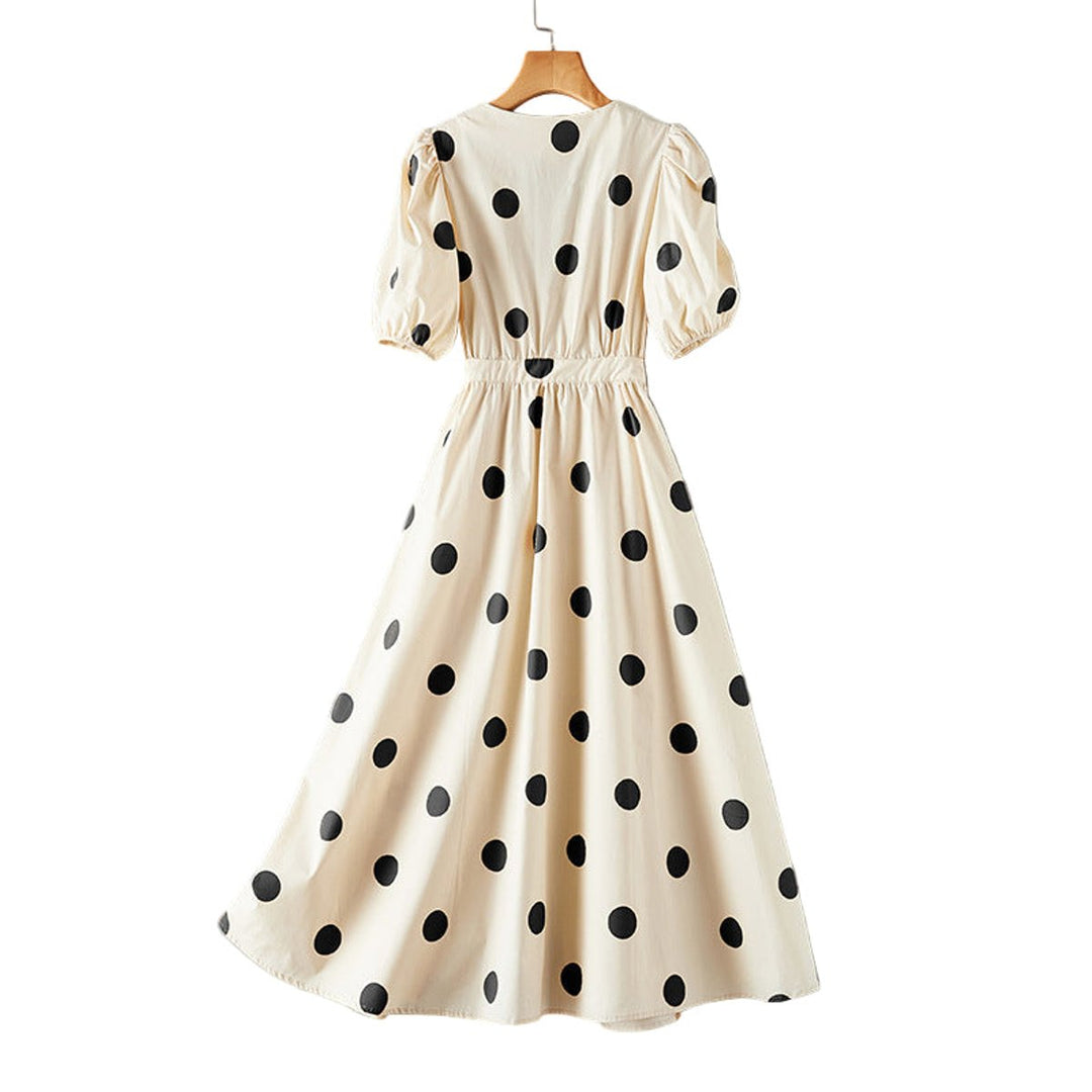Women's Polka Dot V-Neck Puff Sleeve Fall Midi Dress