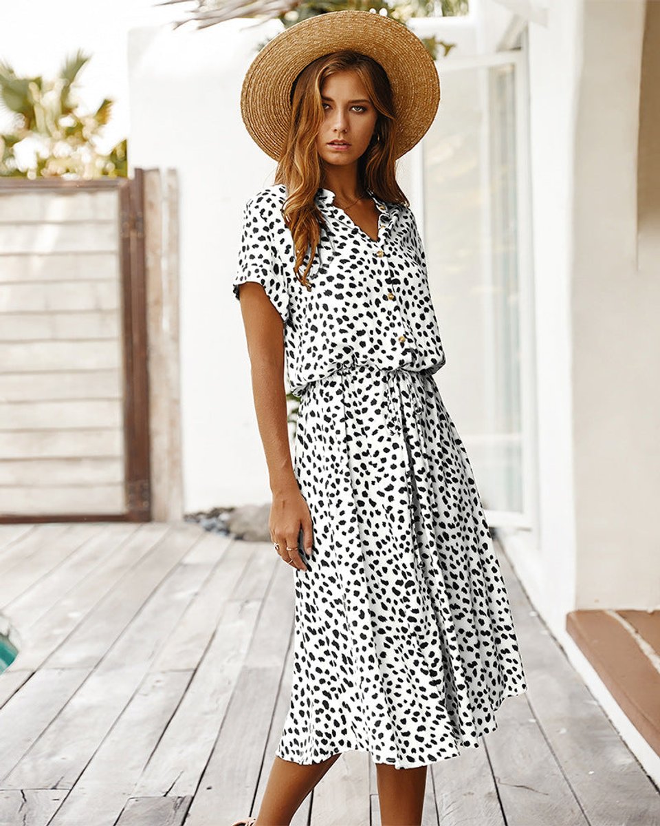 Women's Polka Dot V-Neck Short Sleeve Fall Midi Dress
