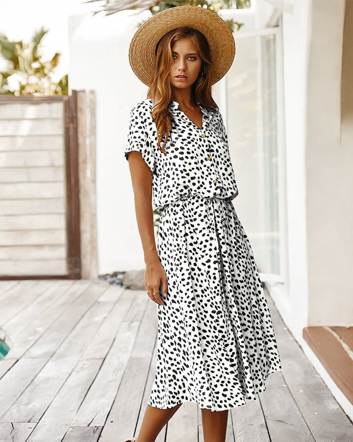 Women's Polka Dot V-Neck Short Sleeve Fall Midi Dress
