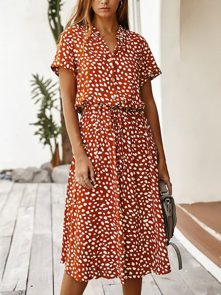 Women's Polka Dot V-Neck Short Sleeve Fall Midi Dress