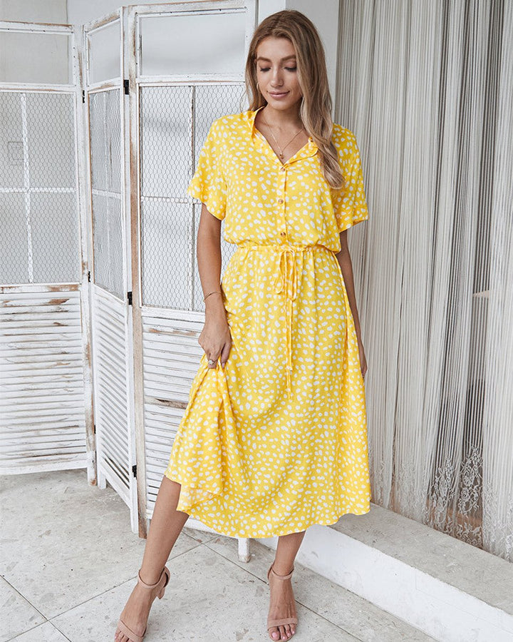 Women's Polka Dot V-Neck Short Sleeve Fall Midi Dress