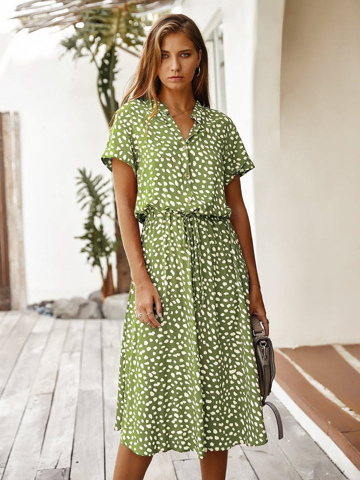 Women's Polka Dot V-Neck Short Sleeve Fall Midi Dress