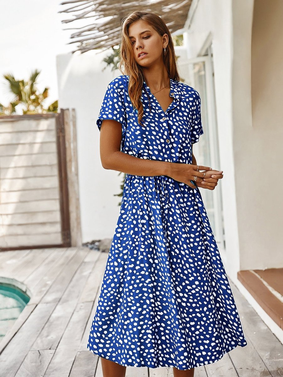 Women's Polka Dot V-Neck Short Sleeve Fall Midi Dress