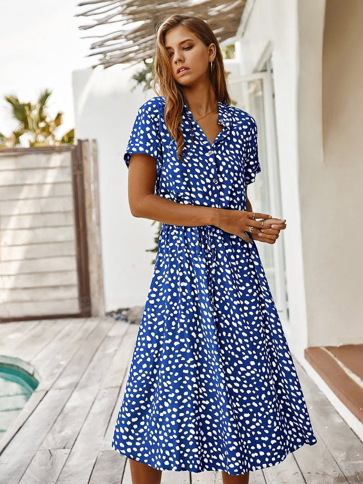 Women's Polka Dot V-Neck Short Sleeve Fall Midi Dress