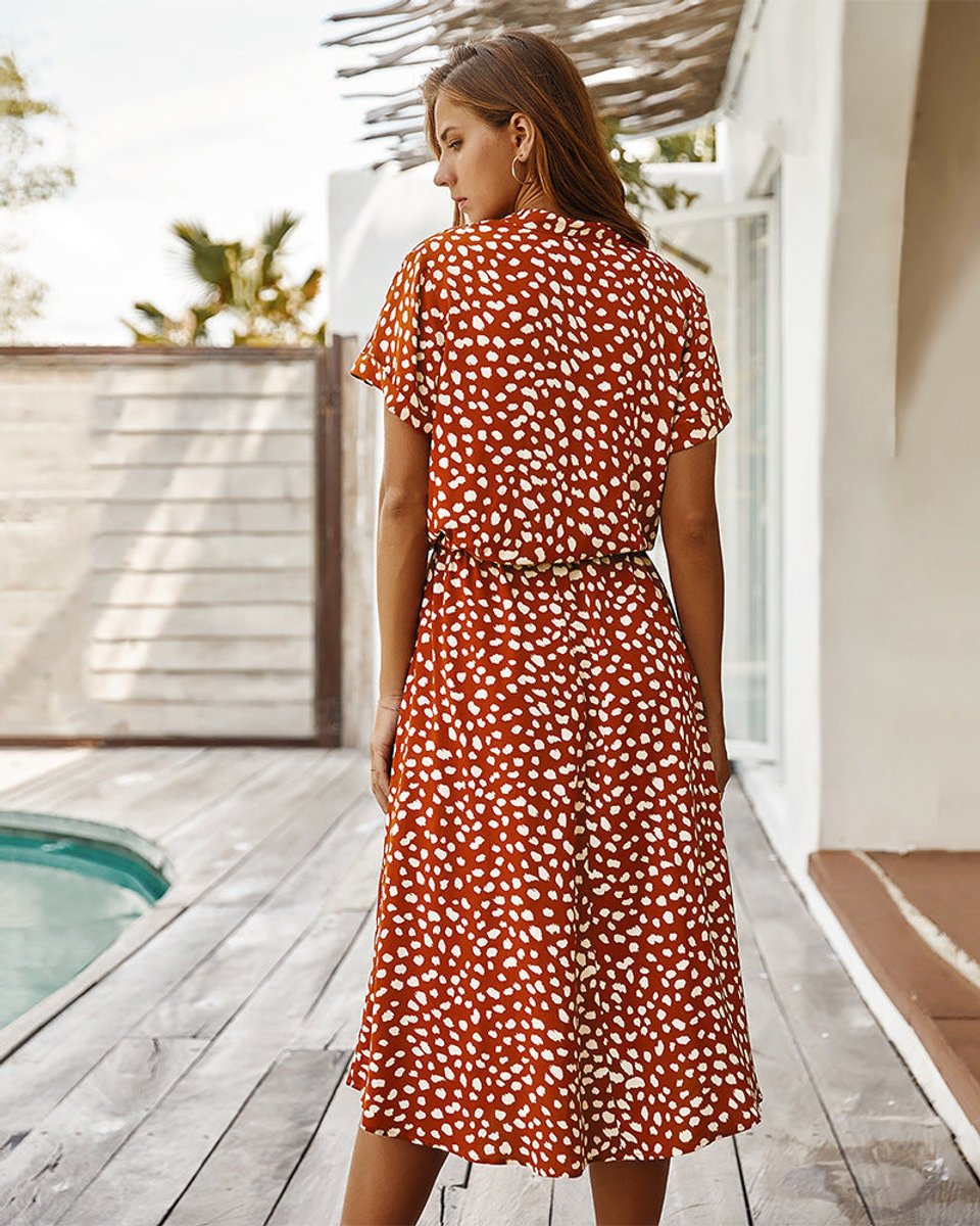 Women's Polka Dot V-Neck Short Sleeve Fall Midi Dress