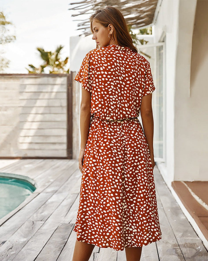 Women's Polka Dot V-Neck Short Sleeve Fall Midi Dress
