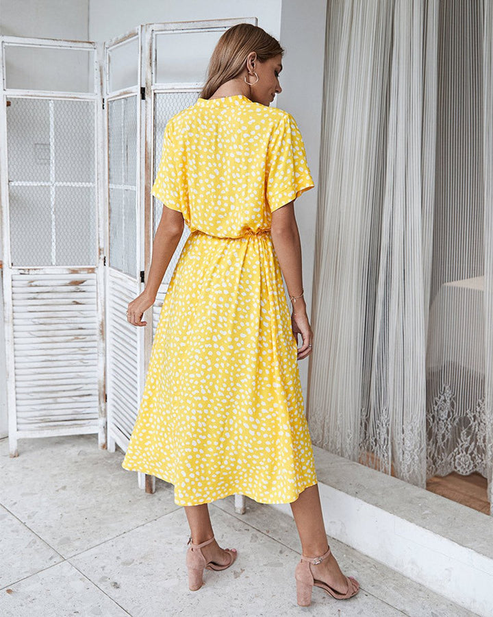 Women's Polka Dot V-Neck Short Sleeve Fall Midi Dress