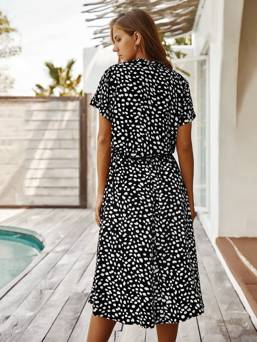 Women's Polka Dot V-Neck Short Sleeve Fall Midi Dress